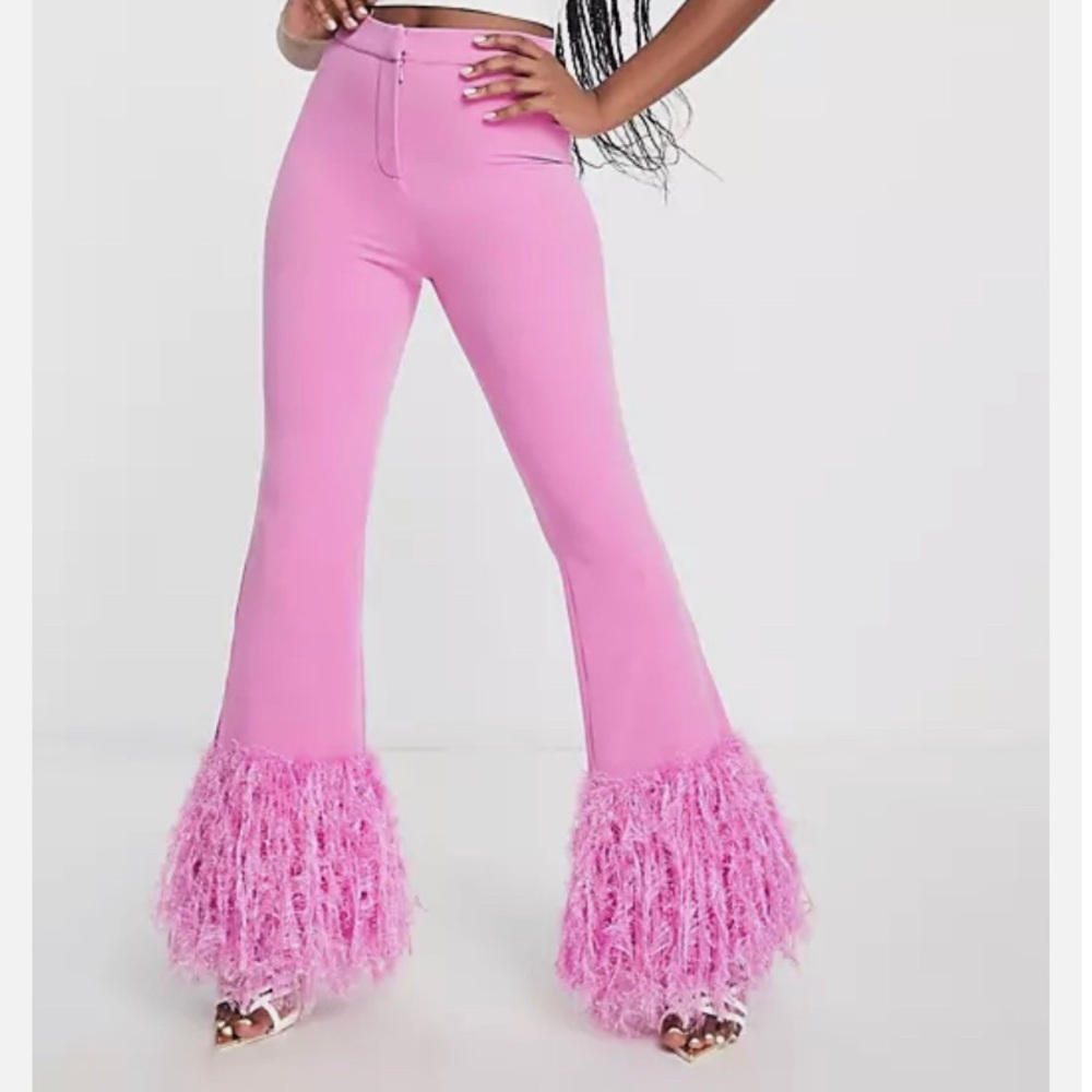 ASOS LUXE faux feather suit pants in pink